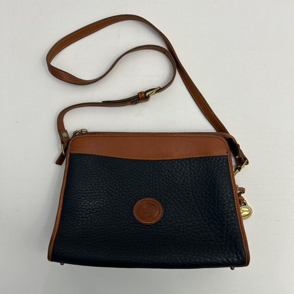 Vintage Dooney & Bourke All Weather Leather Crossbody/Satchel in Dk Blue/Tan - Picture 2 of 16
